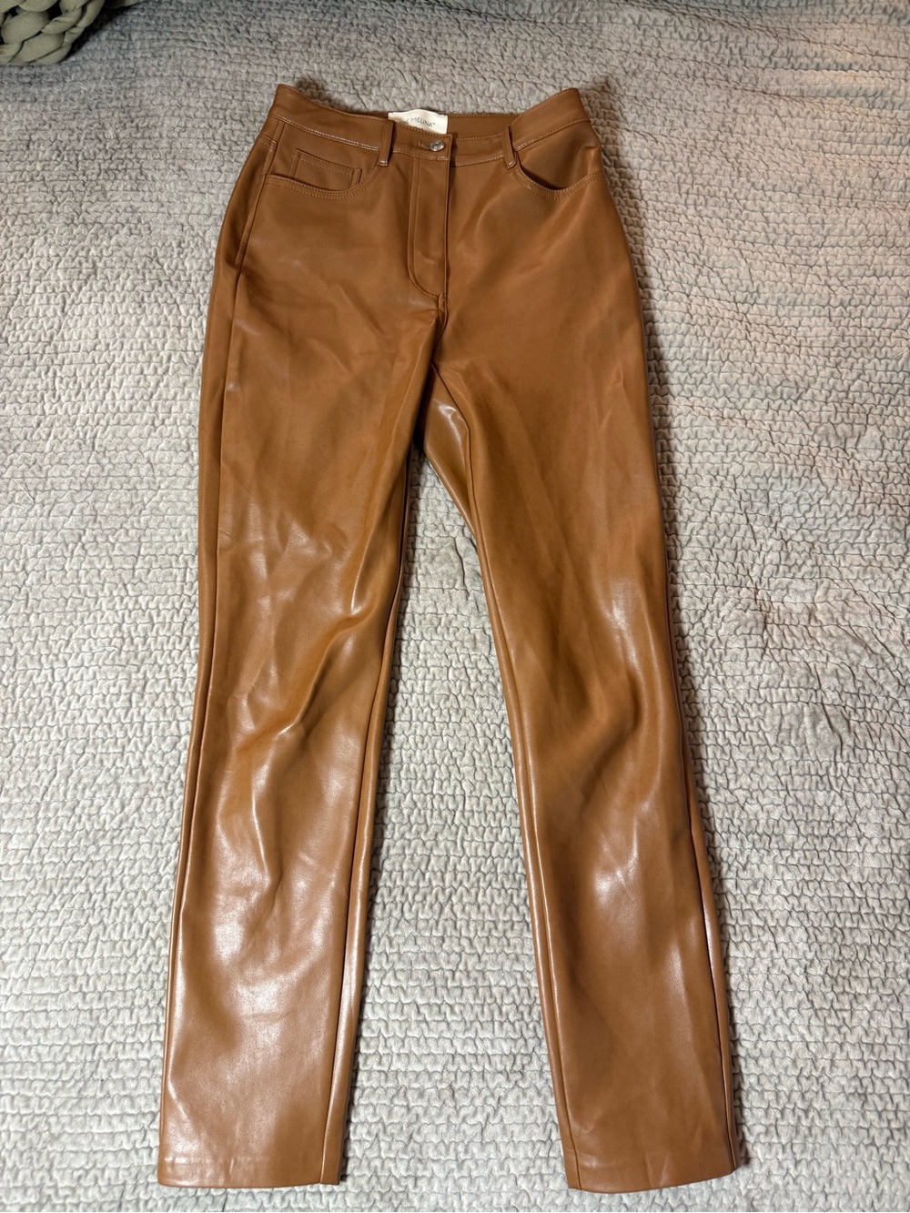 The Melina Pant by Wilfred and Aritzia, vegan leather in caramel brown / tan